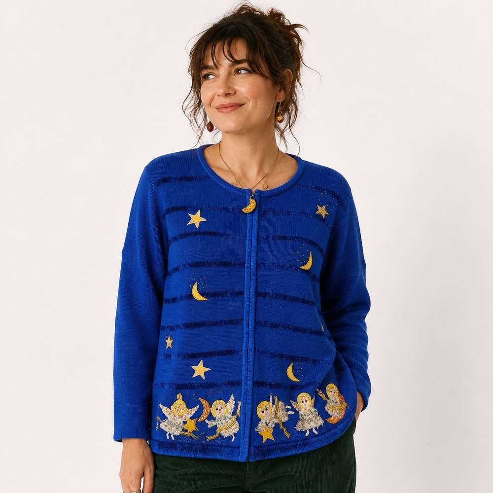 Vintage 90s Quacker Factory Cardigan L Celestial Angel Moon Star Sequin Holiday